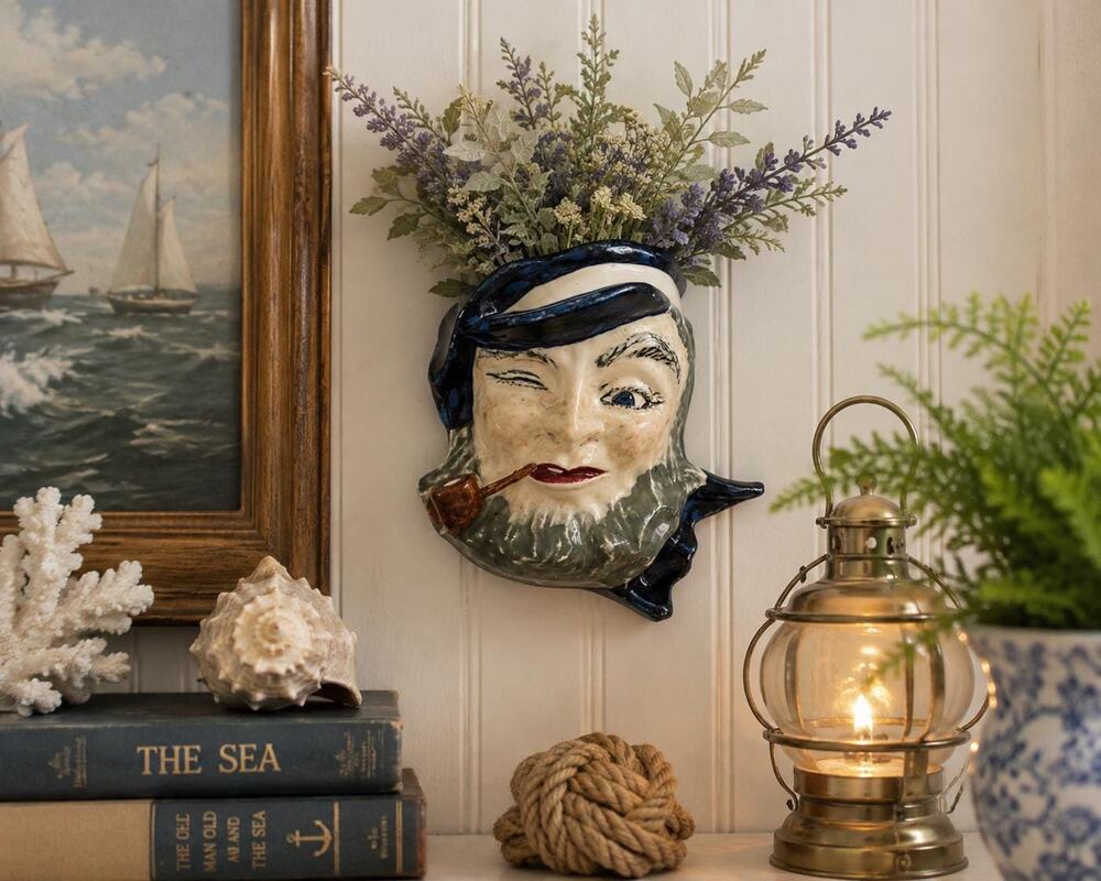 Vintage Ceramic Sailor Sea Captain Wall Pocket Vase Pipe Nautical Coastal Decor